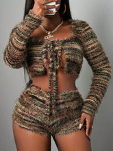 Sexy Lady Long Sleeve Tie Waist Split & Skinny Shorts Striped Plush 2pcs Set - I